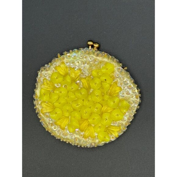 Vintage Dilill Yellow Beaded Coin Purse 50s Satin - Picture 1 of 6